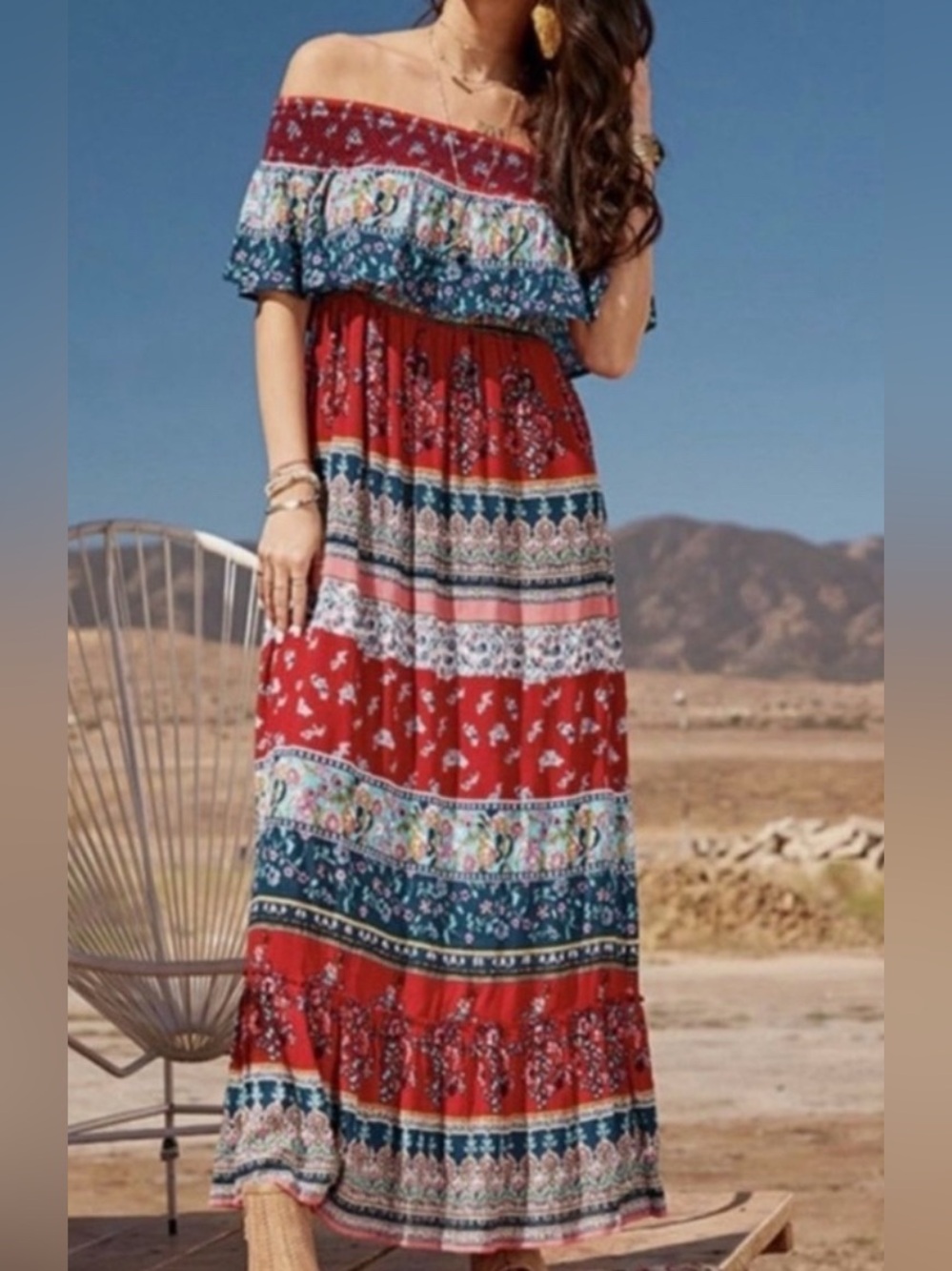 Altar’d State Size Medium Boho Floral Stripe Maxi Off Shoulder Dress Red Blue